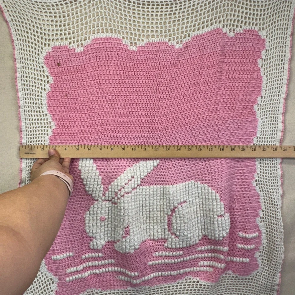 Handmade Vintage Crochet Baby Blanket Pink White Popcorn Stitch Bunny Rabbit